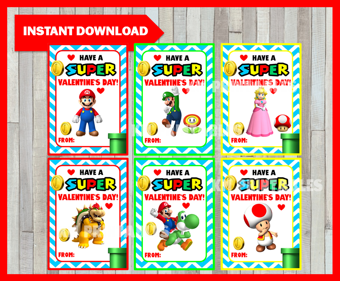 Super Mario Bros Valentine's Day Cards instant download, Printable Super Mario Bros Valentine Cards, Mario Bros Happy Valentine's Day cards